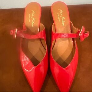 Red Kitten Heel Strap Mules Gold on Hardware New patent leather made in Spain